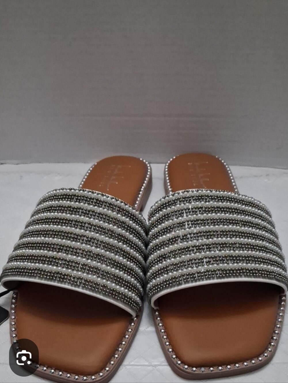 Nicole Miller Silver & White Beaded Slide Sandals